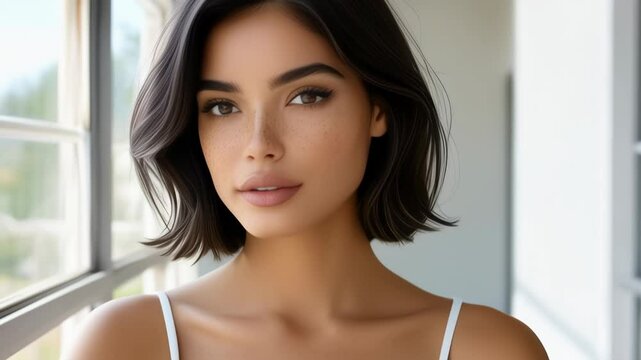 A woman with short brown hair and a pale complexion