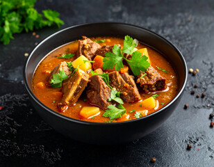 a bowl of beef ribs soup isolated on dark background