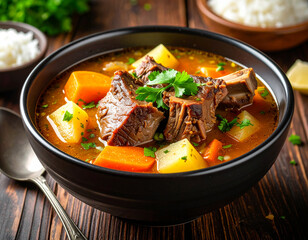 a bowl of beef ribs soup isolated on a wooden table