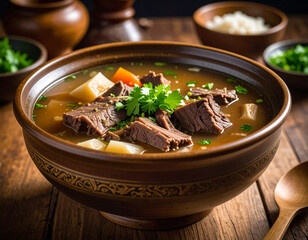 a bowl of beef ribs soup isolated on a wooden table