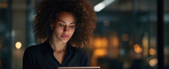 The woman engaging with a tablet in a modern workspace during evening hours.