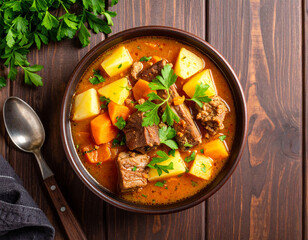 a bowl of beef ribs soup isolated on a wooden background, top view.