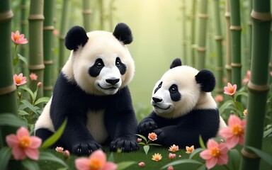 Obraz premium Two Pandas Among Bamboo and Blossoms. High quality