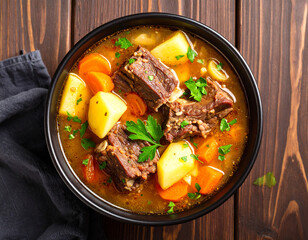 a bowl of beef ribs soup isolated on a wooden background, top view.