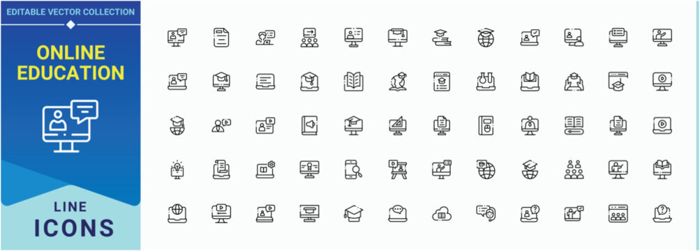 Online Education vector icon set. Collection for mobile and web apps. Training icon collection. Included tutorial, computer, webinar, seminar, learn, online class, education and more.