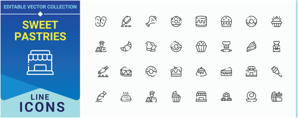 Sweet Pastries icon set. Includes thin line symbols food, pie, baker, sweet and more. Pastry icon set. Thin linear style icons. Editable stroke. Vector collection.