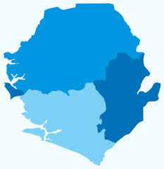 Map of Sierra Leone with regions. Just a simple country border map with region division. Light blue color palette. Flat Sierra Leone shape with administrative division. Vector illustration.
