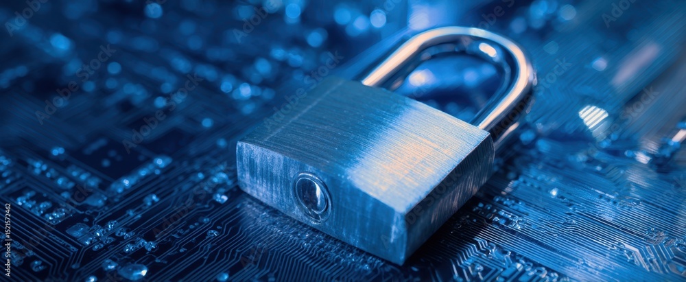 Poster the padlock symbolizes security in a digital world of technology and data.