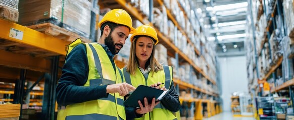The detailed discussion between warehouse employees in a modern logistics facility.