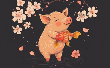 Naklejka premium The Year of the Pig in 2019 is depicted in an illustration that includes a cute cartoon pig, sakura, and koi fish, all set against a red background, typically used for Chinese New Year icons