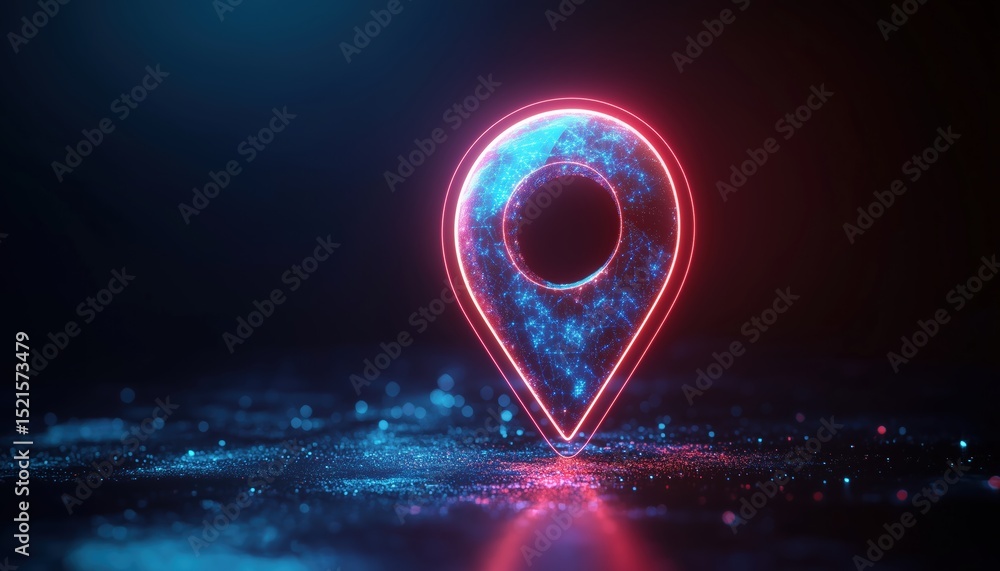 Poster abstract low poly digital technology: futuristic glowing map pin with plexus and glitter particles a