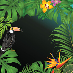 Frame african bird toucan and tropical flowers  floral arrangement, with  red and yellow cymbidium and strelitzia  palm,philodendron  vintage vector illustration  editable hand draw 