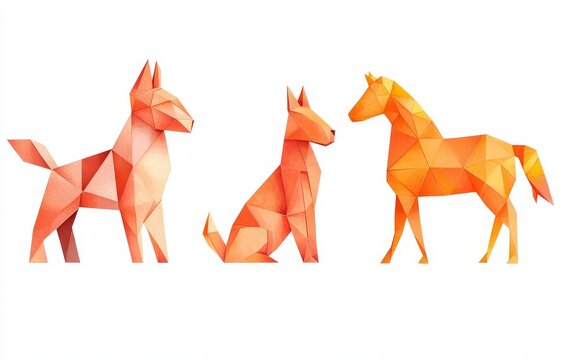 Traditional Chinese Zodiac Animals are depicted in a set of twelve folded origami pieces, showcasing a palette of red, yellow, brown, orange, and light gray, and are accompanied by hand-drawn