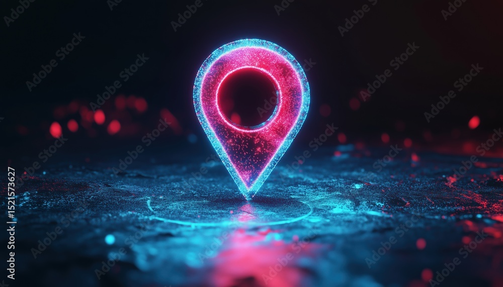 Poster abstract low poly glowing map pin with plexus and glitter particles: a location pointer in neon ligh