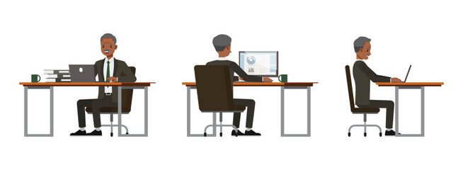 Obraz na płótnie Canvas Senior businessman wear brown suit character set. Men sitting and working with laptop. Vector illustration cartoon design.