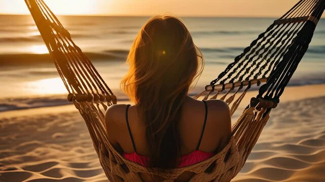 Young woman from the back relaxing in a hammock on the beach during sunset, ocean waves gently washing the shore, concept of travel resorts, romantic trips. 