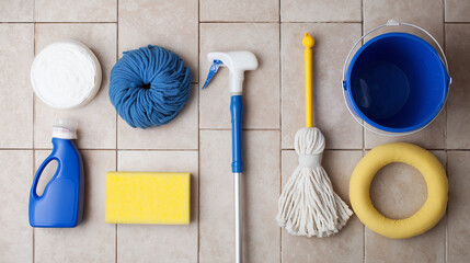 Neatly arranged cleaning supplies with mop and bucket, showcasing professional janitorial organization and efficiency.
