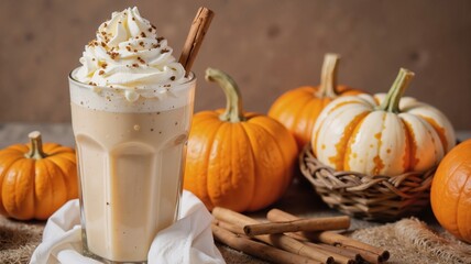 A cozy autumn scene featuring a tall glass filled with a creamy, frothy beverage topped with whipped cream and a cinnamon stick, surrounded by vibrant pumpkins and cinnamon sticks on a rustic wooden 