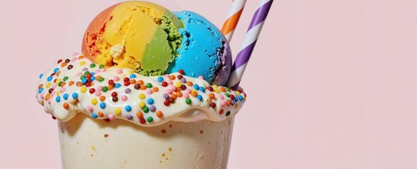 A delightful milkshake topped with colorful ice cream scoops and sprinkles, served in a creamy cup with a striped straw, making it a perfect treat