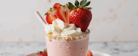 A delightful strawberry milkshake garnished with whipped cream, fresh strawberries, and a touch of white chocolate shavings sits on a white plate, ready to be enjoyed