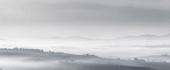 Fototapeta premium The Ethereal Landscape Shrouded in Mist and Fog at Dawn