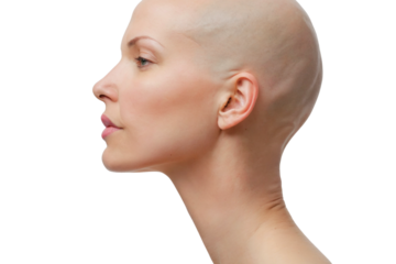 Profile shot of a bald woman head, side view, cut out transparent

