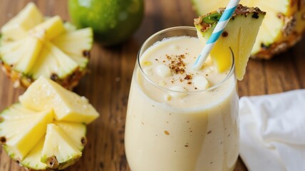 A refreshing tropical beverage featuring a creamy milkshake made with pineapple and coconut, served in a glass with a straw, garnished with a slice of pineapple and sprinkled with cocoa powder