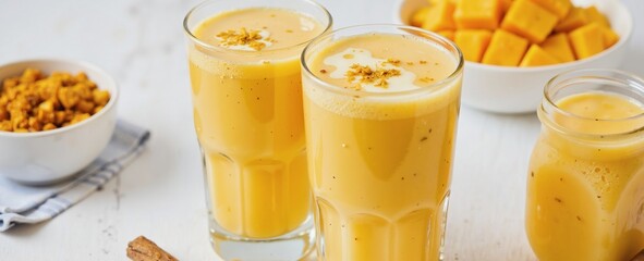 A refreshing beverage featuring vibrant orange juice, garnished with crushed nuts and a hint of cinnamon, served in tall glasses alongside a bowl of diced cantaloupe and a jar of cereal