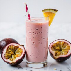 A vibrant pink smoothie in a tall glass, garnished with a passion fruit slice and a red and white striped straw, sits on a marble table alongside fresh passion fruits cut in half