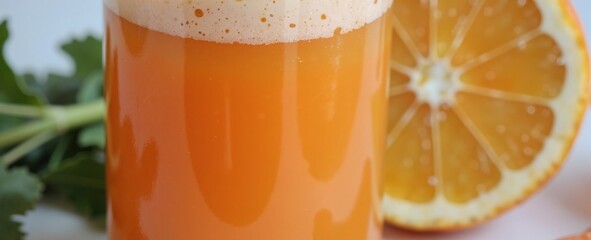 A vibrant orange juice drink in a glass, garnished with a slice of orange and a sprig of parsley, sits next to a fresh carrot and celery stalk 