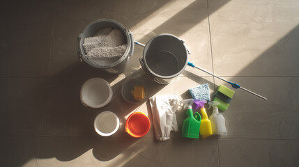 Neatly arranged cleaning supplies with mop and bucket, showcasing professional janitorial organization and efficiency.