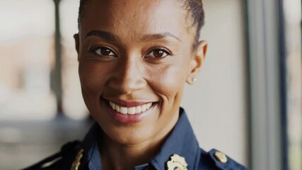 Portrait of a smiling woman in a dark blue uniform with gold insignia looking at the camera lens 4k uhd video