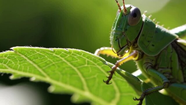 A close up view of a green grasshopper perched atop a vibrant leaf in natural sunlight outdoors 4k uhd video