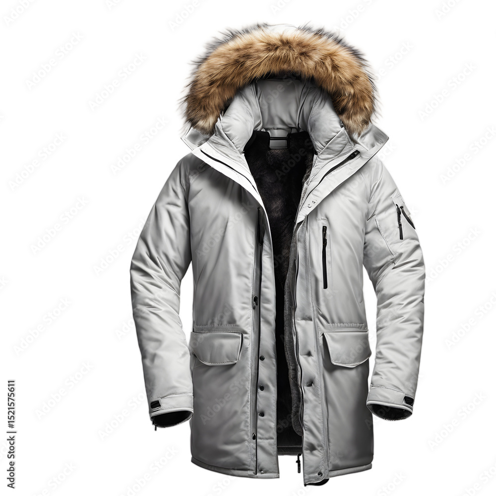Poster insulated parka with hood and fur lining, isolated on a empty plain background