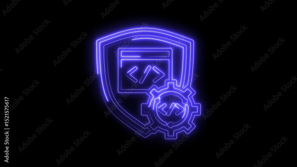 Poster neon code security development design with shield and gear for application protection