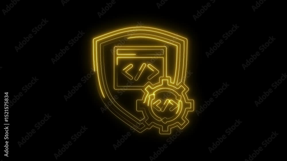 Poster neon style code security shield with gear for software development and protection concept