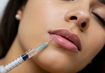 A woman receiving an injection for a lip augmentation procedure. Cosmetic beauty treatment for anti aging. Facial aesthetic concept.