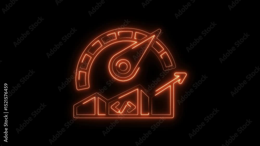 Poster neon line speedometer and rising graph animation represents growth and performance improvement