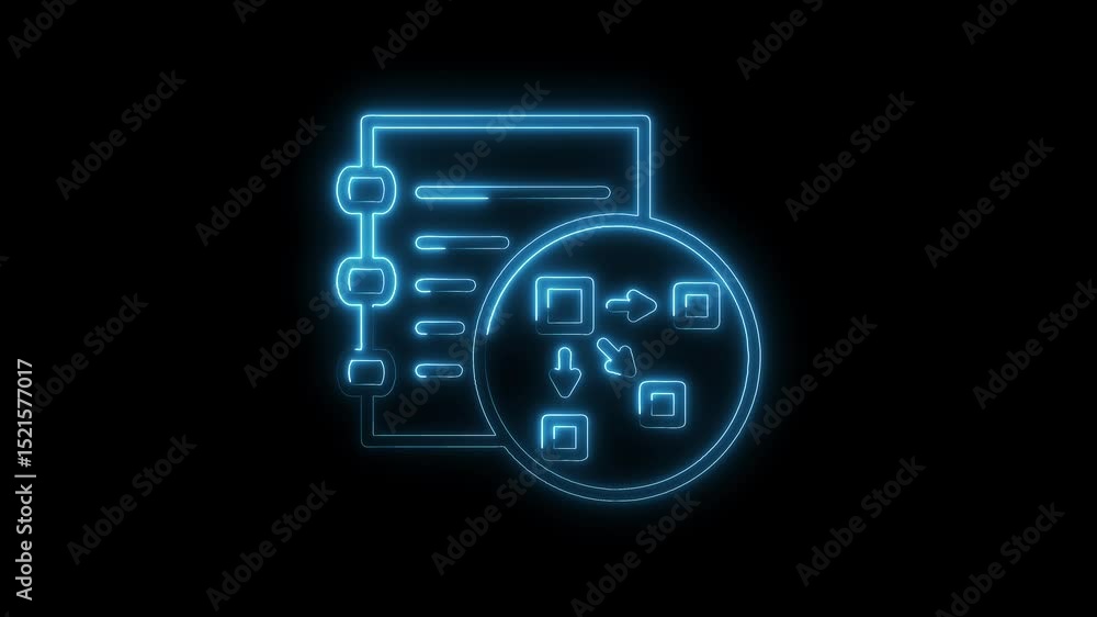 Poster neon flowchart icon on black background illustrating business process and project management