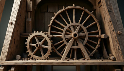 Rustic Wooden Wheels and Gears Vintage Mechanism Detail