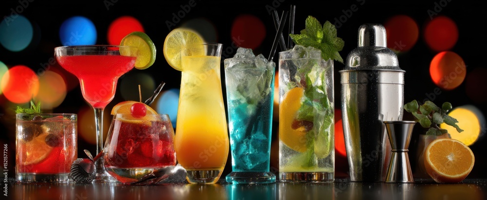 Poster the vibrant display of assorted cocktails against a colorful bokeh background.
