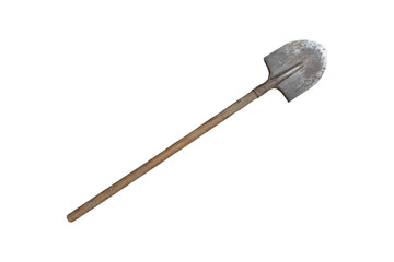 Used old shovel with rusty metal blade and long wooden handle is isolated.
