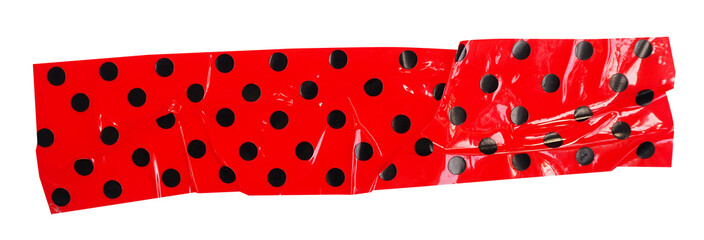 Crumpled torn pieces of red background with black polka dots packing tape, adhesive sealing tape, sticky torn plastic on transparent background © Oracha