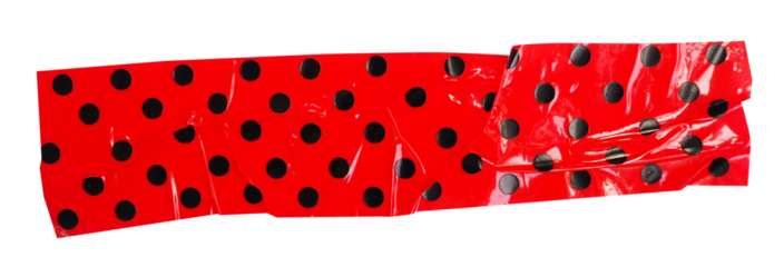 Crumpled torn pieces of red background with black polka dots packing tape, adhesive sealing tape, sticky torn plastic on transparent background