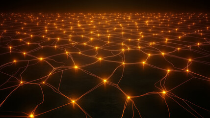 Digital illustration of vast network of interconnected nodes glowing in orange