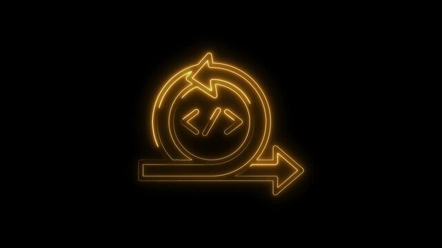 Neon software development loop and process iteration icon animation on black background