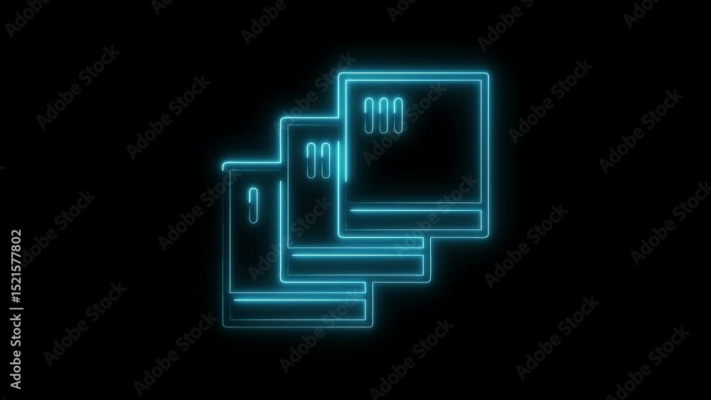 Poster neon blue diskettes stack vintage computer data storage technology archive retro animation