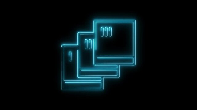 Neon blue diskettes stack vintage computer data storage technology archive retro animation
