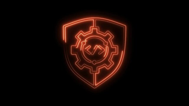 Neon cyber security shield animation featuring software development gear on black background