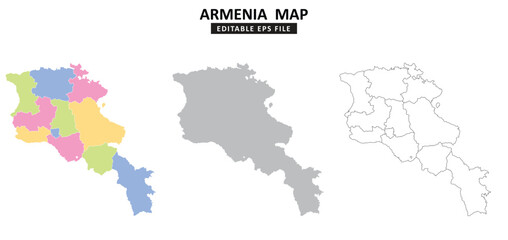 Fototapeta premium Armenia map variations are colour coded by regions, solid grey silhouette and outlined with regional borders.